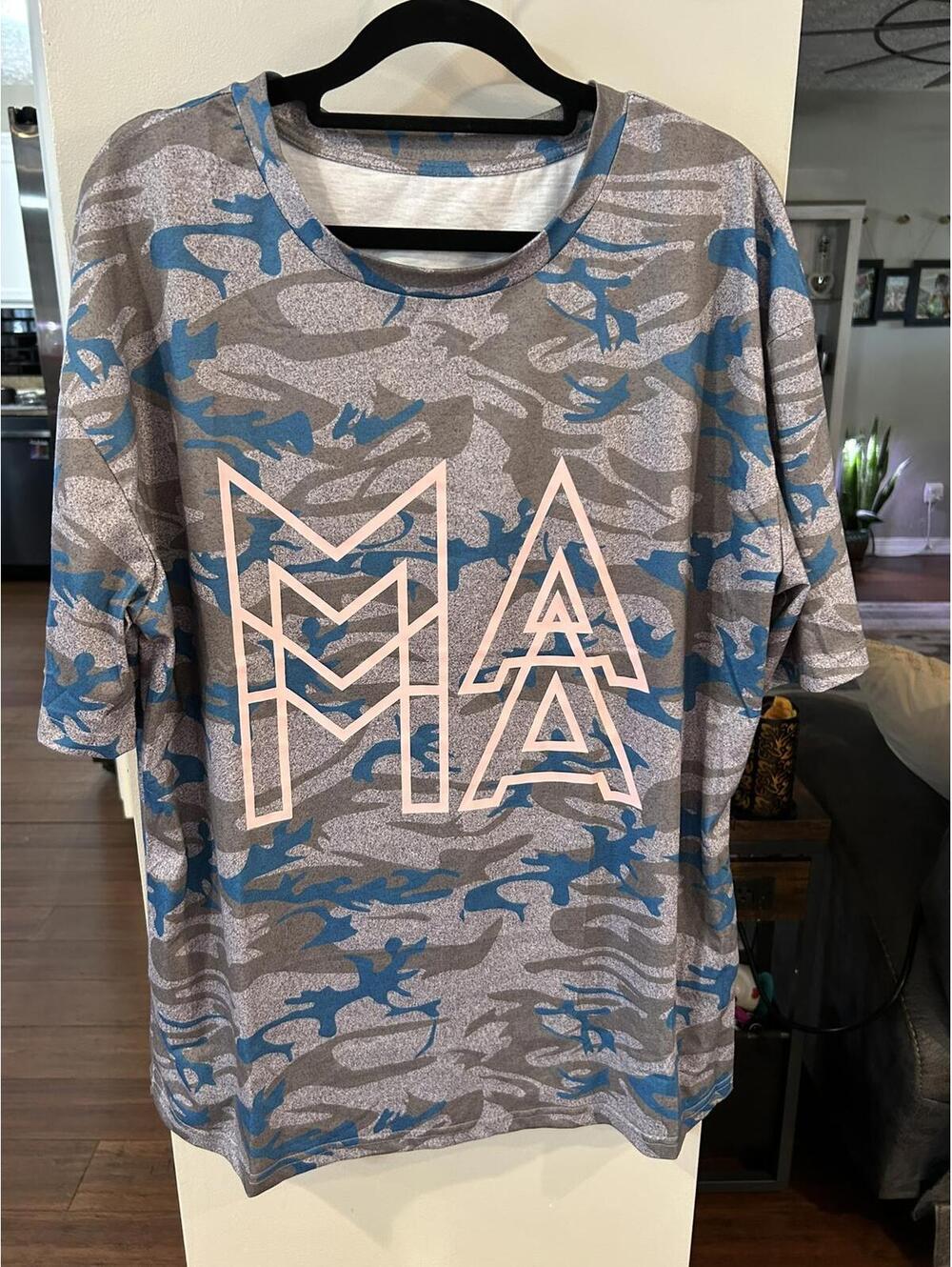 XL Blue and Gray Camouflage Print T-Shirt